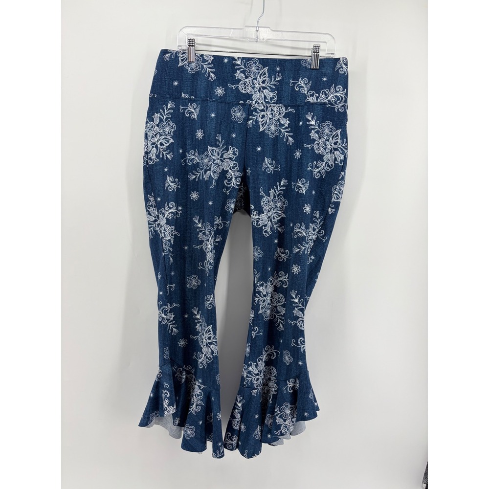 Slim Factor Womens Large Blue Floral Cropped Flare Pants Ruffle Hem Pull On